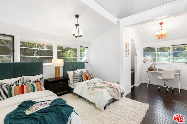 bedroom with vaulted ceiling with beams, dark hardwood / wood-style flooring, and an inviting chandelier