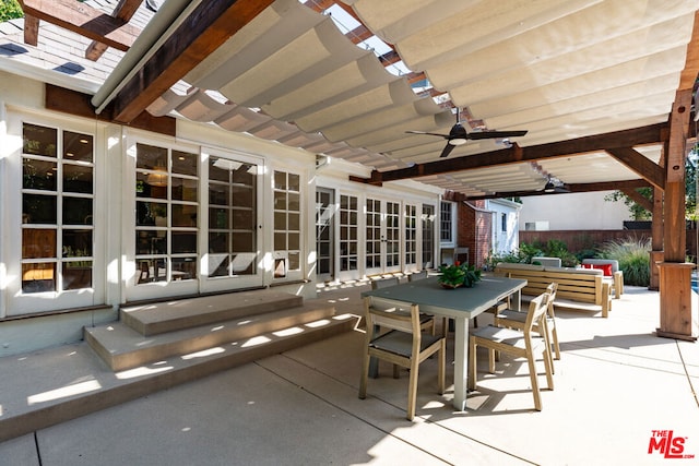 view of patio with ceiling fan, an outdoor hangout area, and french doors