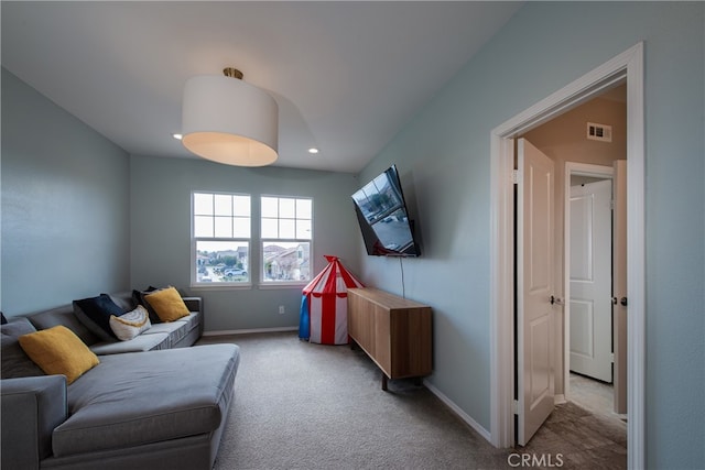 playroom with carpet flooring, visible vents, and baseboards