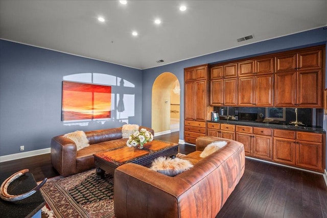 living room featuring dark wood-type flooring and sink