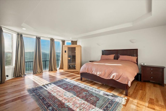 bedroom with a tray ceiling and light wood-type flooring