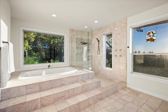 bathroom with plenty of natural light and shower with separate bathtub