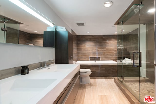 full bathroom featuring vanity, toilet, and separate shower and tub