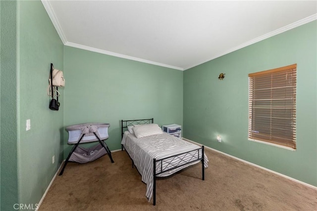 carpeted bedroom featuring ornamental molding