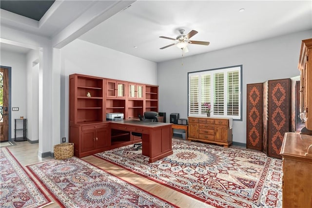 office area with ceiling fan and light hardwood / wood-style flooring