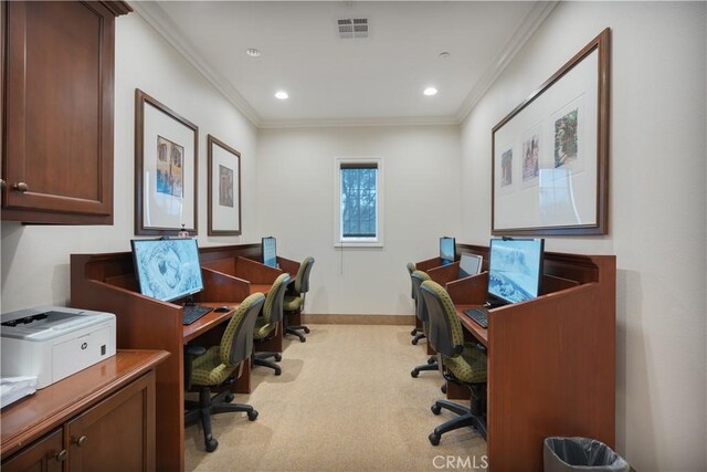 carpeted office space with ornamental molding