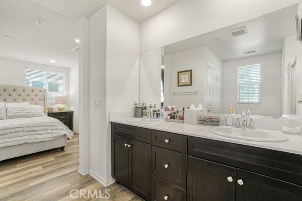 bathroom with hardwood / wood-style flooring and vanity