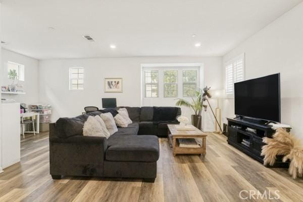 living room with light hardwood / wood-style flooring