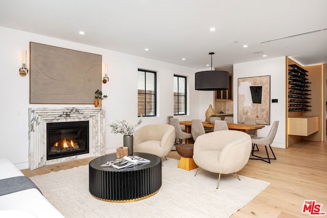 living room featuring a high end fireplace and light wood-type flooring