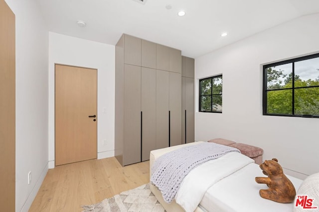 bedroom featuring light hardwood / wood-style flooring and a closet