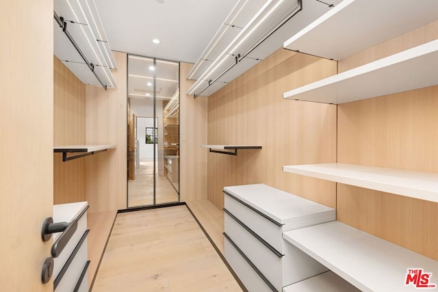 spacious closet featuring light hardwood / wood-style floors