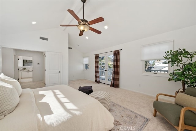 carpeted bedroom with ceiling fan, lofted ceiling, connected bathroom, and access to outside