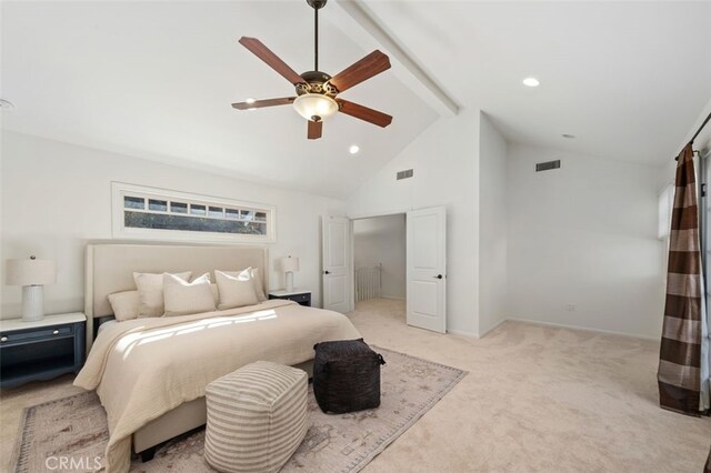 carpeted bedroom with ceiling fan, high vaulted ceiling, and beamed ceiling