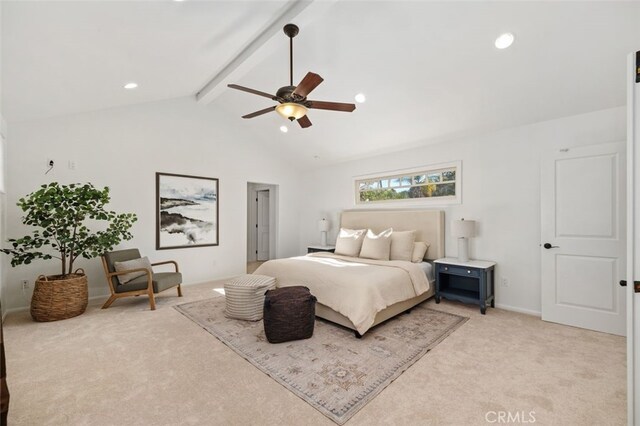 bedroom with ceiling fan, light carpet, and vaulted ceiling with beams