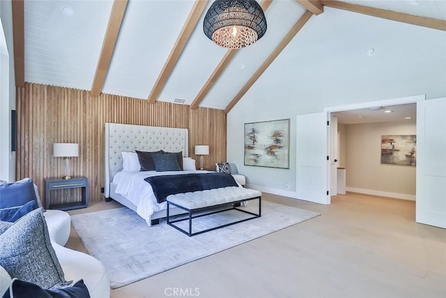 bedroom featuring high vaulted ceiling, wood walls, and beamed ceiling