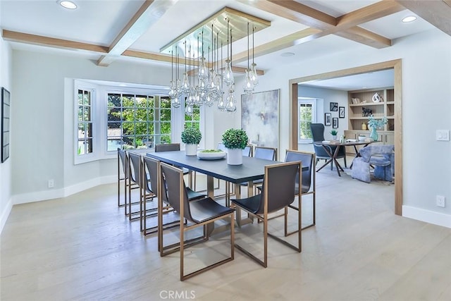 dining space featuring built in shelves, light wood-type flooring, beamed ceiling, and coffered ceiling