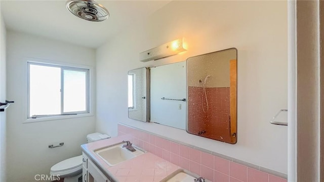 bathroom featuring toilet, vanity, and decorative backsplash