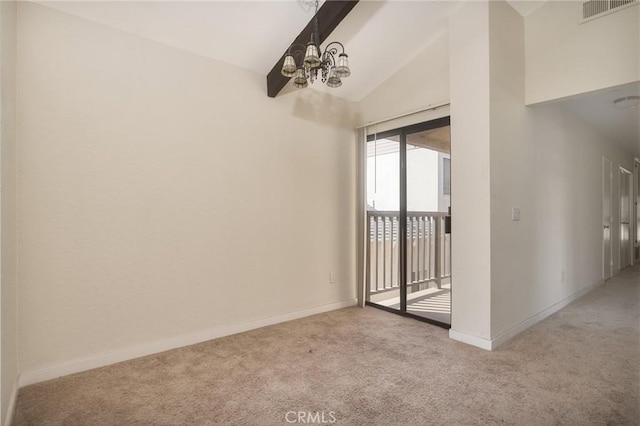 unfurnished room featuring light colored carpet, lofted ceiling with beams, and a notable chandelier