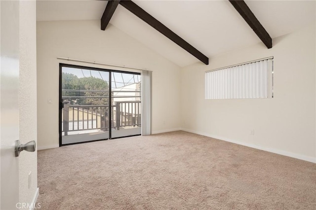 unfurnished room featuring carpet flooring, beam ceiling, and high vaulted ceiling