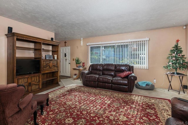 carpeted living room featuring a textured ceiling