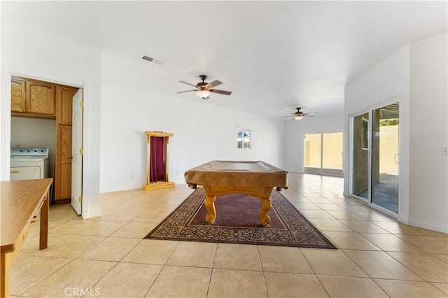 recreation room with washer / dryer, billiards, visible vents, ceiling fan, and light tile patterned flooring