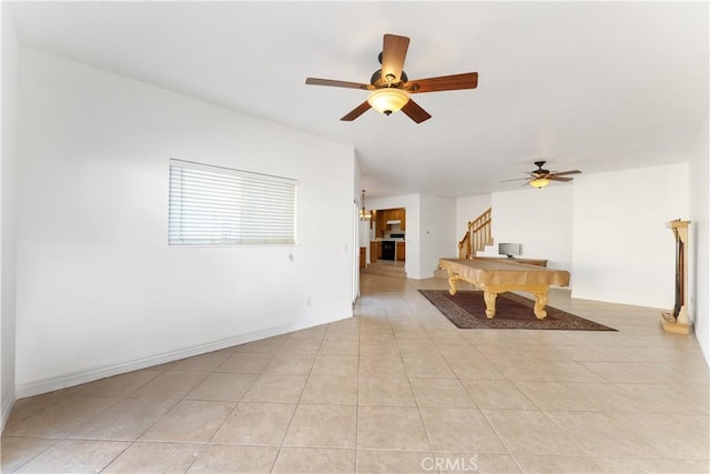 rec room with ceiling fan, light tile patterned flooring, and pool table