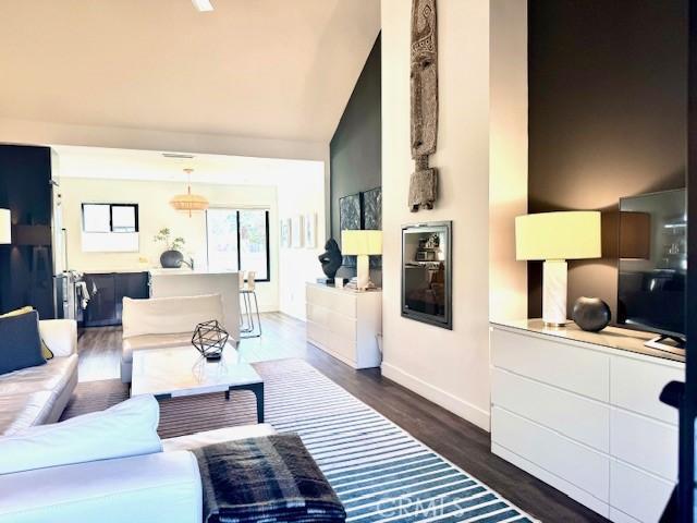 living room featuring high vaulted ceiling and dark hardwood / wood-style flooring