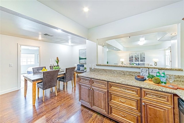 kitchen with light stone counters, stainless steel dishwasher, a tray ceiling, and dark hardwood / wood-style flooring