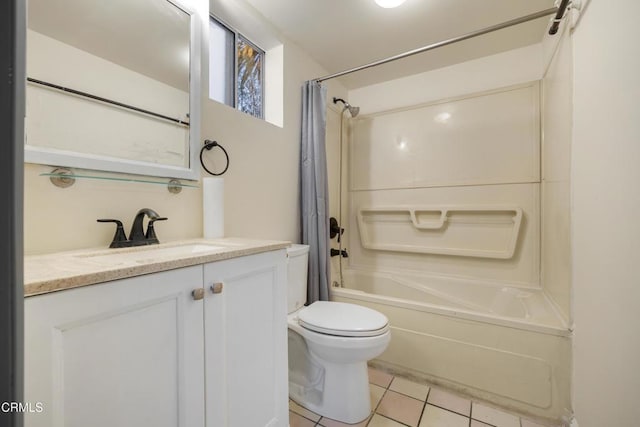 full bathroom with toilet, shower / bath combination with curtain, vanity, and tile patterned floors