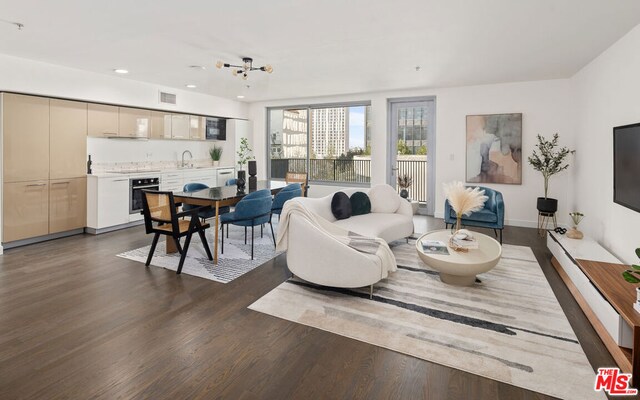 living room with dark hardwood / wood-style flooring and sink