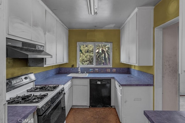 kitchen with white cabinetry, black dishwasher, white range with gas stovetop, and sink