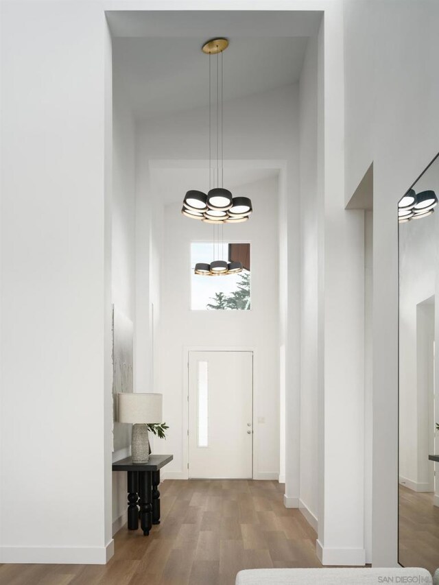 foyer entrance featuring a chandelier, a towering ceiling, and wood-type flooring