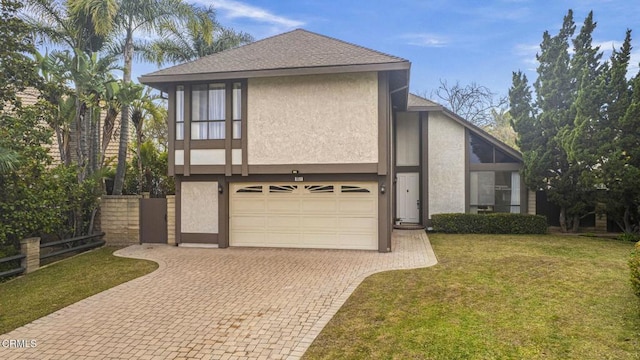 tudor house with a garage and a front yard