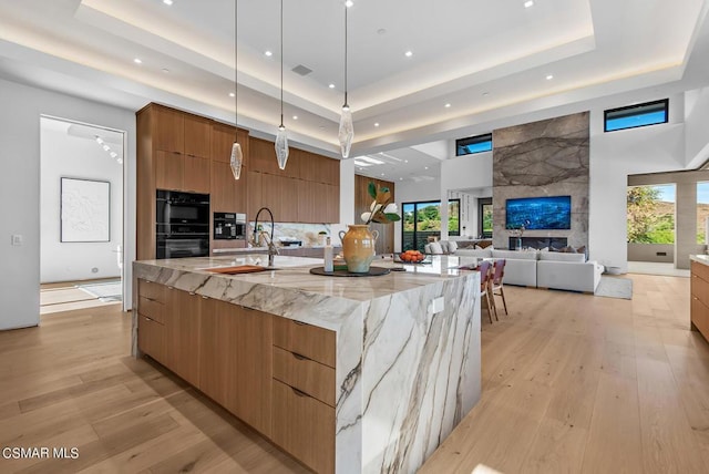 kitchen featuring light stone countertops, a large island with sink, sink, hanging light fixtures, and a tray ceiling