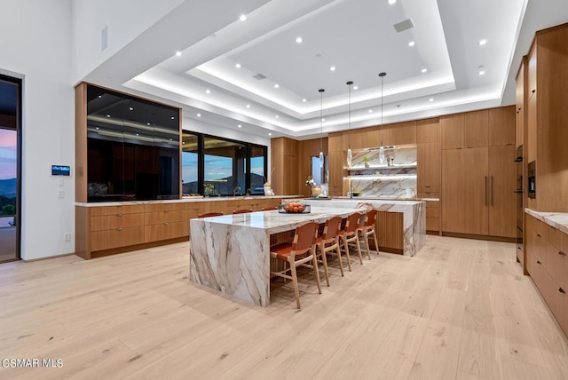 kitchen featuring pendant lighting, a large island, light stone counters, a breakfast bar, and a tray ceiling