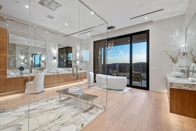 bathroom with wood-type flooring, vanity, and a bathing tub