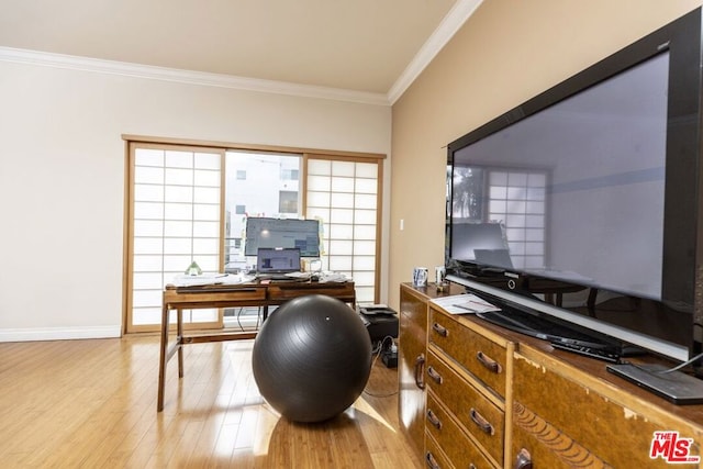 office featuring crown molding and light hardwood / wood-style flooring