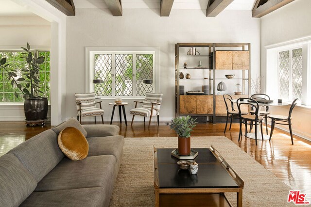 living room featuring beam ceiling and wood-type flooring