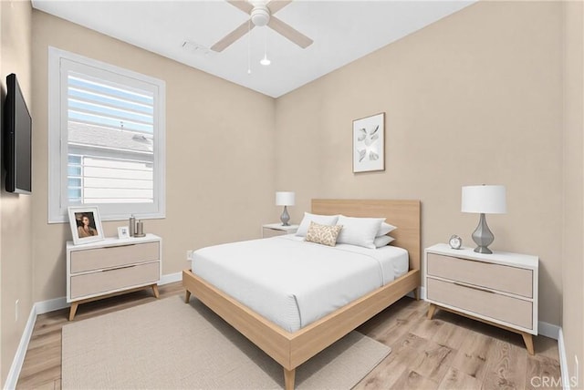 bedroom with ceiling fan and light hardwood / wood-style flooring