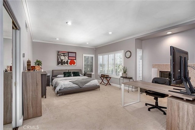 bedroom featuring carpet and crown molding