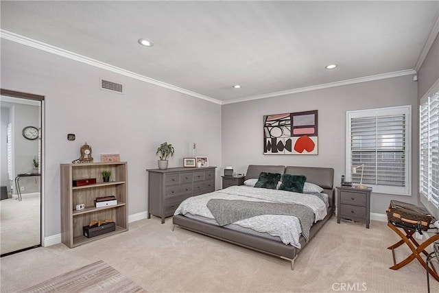 bedroom featuring light colored carpet and ornamental molding