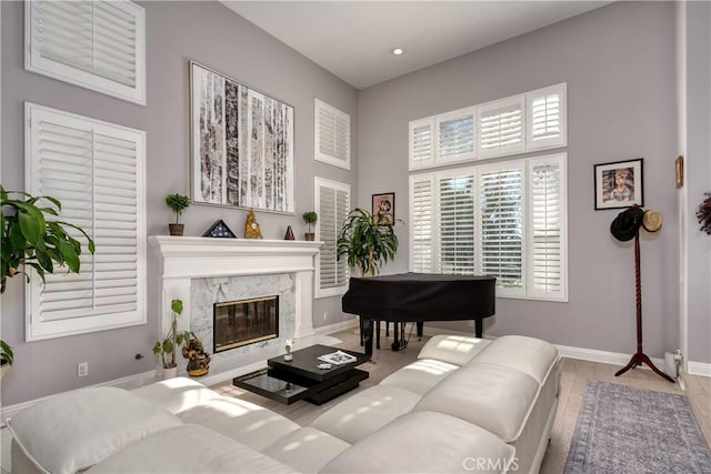 living room featuring a fireplace and light hardwood / wood-style floors