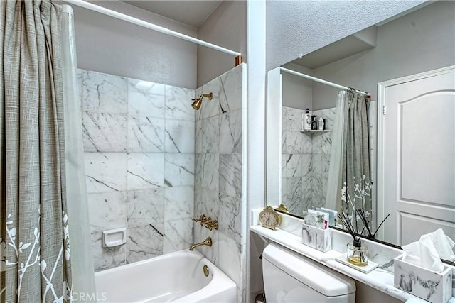 bathroom with toilet and shower / bath combo with shower curtain