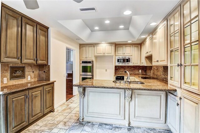 kitchen with sink, decorative backsplash, a tray ceiling, stainless steel appliances, and light stone countertops