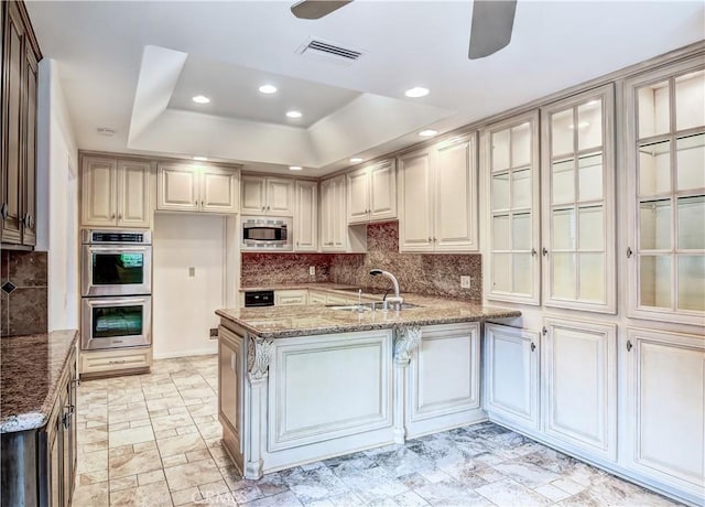 kitchen featuring appliances with stainless steel finishes, sink, ceiling fan, a raised ceiling, and light stone countertops