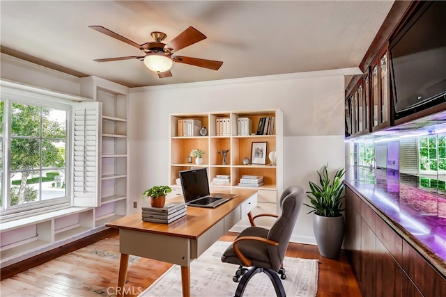 office space featuring ceiling fan and light wood-type flooring