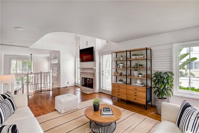 living room featuring wood-type flooring and a high end fireplace