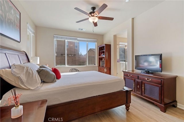 bedroom with ceiling fan and light hardwood / wood-style flooring