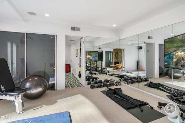 workout room featuring carpet