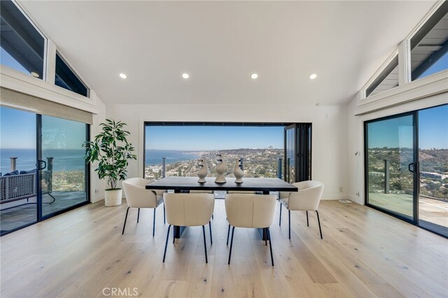 dining room featuring light wood-type flooring, high vaulted ceiling, and a water view